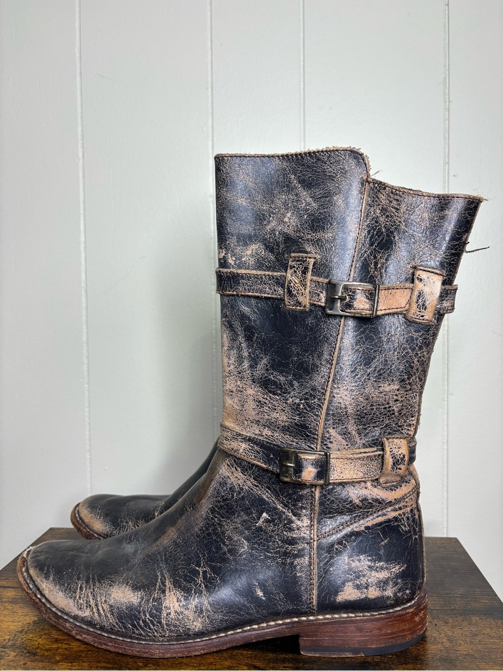 BED STU Cobbler Sandover Brown Leather Mid Buckle Boots Distressed Womens Size 9 - Picture 2 of 9